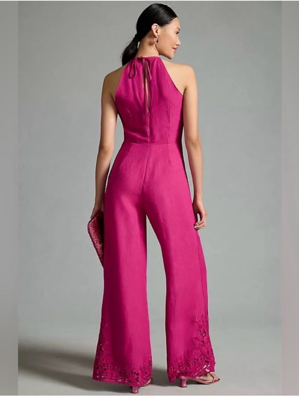 Anthropologie Fuchsia Halter Wide-Leg Jumpsuit with Lace Trim - Picture 3 of 11